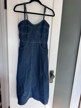 Denim Midi Dress with Bustier Bodice - Dark Blue Sz Small